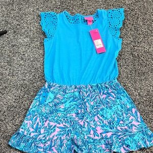 Lilly Pulitzer Blue Lace Sleeve Dress with Pink Patterned Skirt